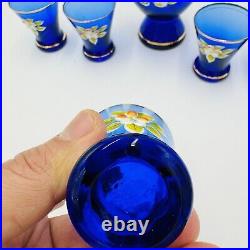 Vintage Bohemian Cobalt Blue Art Glass Decanter Cups Floral