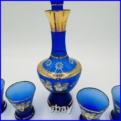 Vintage Bohemian Cobalt Blue Art Glass Decanter Cups Floral