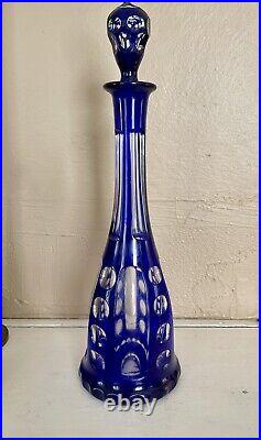 Vintage Bohemian Cobalt Blue Cut Crystal Decanter Carafe 15.5 Tall 1920-30