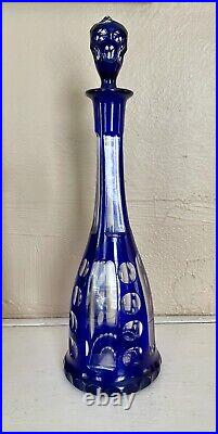 Vintage Bohemian Cobalt Blue Cut Crystal Decanter Carafe 15.5 Tall 1920-30