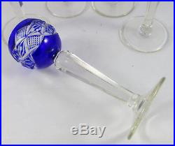 Vintage Bohemian Cobalt Blue Cut To Clear Glass Decanter&Wine Glasses Stems Set