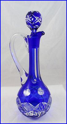 Vintage Bohemian Cobalt Blue Cut To Clear Glass Decanter&Wine Glasses Stems Set