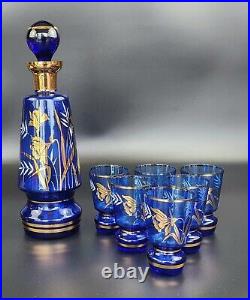 Vintage Bohemian Cobalt Blue Decanter & Wine Glass set 8 Pieces