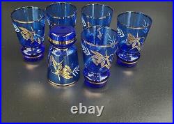 Vintage Bohemian Cobalt Blue Decanter & Wine Glass set 8 Pieces