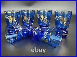 Vintage Bohemian Cobalt Blue Decanter & Wine Glass set 8 Pieces