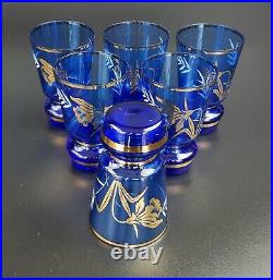 Vintage Bohemian Cobalt Blue Decanter & Wine Glass set 8 Pieces