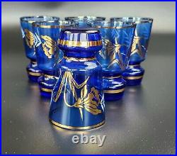 Vintage Bohemian Cobalt Blue Decanter & Wine Glass set 8 Pieces