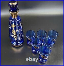 Vintage Bohemian Cobalt Blue Decanter & Wine Glass set 8 Pieces