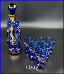 Vintage Bohemian Cobalt Blue Decanter & Wine Glass set 8 Pieces