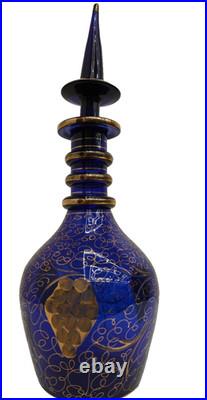 Vintage Bohemian Cobalt Blue Glass Decanter with Gilded Grapevine Persian Carafe