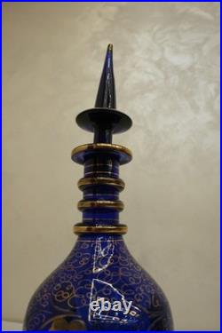 Vintage Bohemian Cobalt Blue Glass Decanter with Gilded Grapevine Persian Carafe