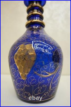 Vintage Bohemian Cobalt Blue Glass Decanter with Gilded Grapevine Persian Carafe