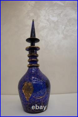 Vintage Bohemian Cobalt Blue Glass Decanter with Gilded Grapevine Persian Carafe