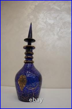 Vintage Bohemian Cobalt Blue Glass Decanter with Gilded Grapevine Persian Carafe
