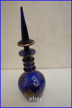 Vintage Bohemian Cobalt Blue Glass Decanter with Gilded Grapevine Persian Carafe