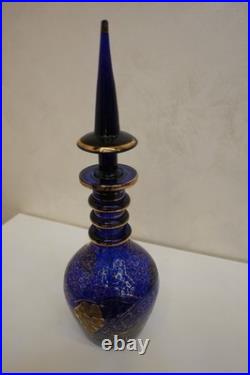 Vintage Bohemian Cobalt Blue Glass Decanter with Gilded Grapevine Persian Carafe