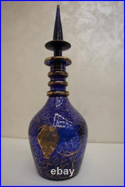 Vintage Bohemian Cobalt Blue Glass Decanter with Gilded Grapevine Persian Carafe