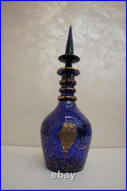 Vintage Bohemian Cobalt Blue Glass Decanter with Gilded Grapevine Persian Carafe