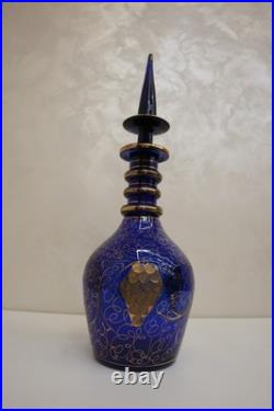 Vintage Bohemian Cobalt Blue Glass Decanter with Gilded Grapevine Persian Carafe