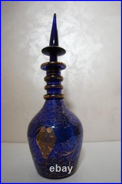 Vintage Bohemian Cobalt Blue Glass Decanter with Gilded Grapevine Persian Carafe