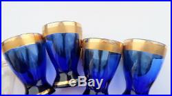 Vintage Bohemian Cobalt Blue Set Decanter With Six Glasses Enameled Flowers Gold
