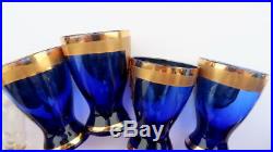 Vintage Bohemian Cobalt Blue Set Decanter With Six Glasses Enameled Flowers Gold