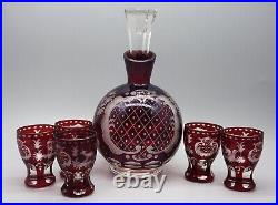 Vintage Bohemian Cranberry Etched Glass Decanter with 5 Etched Cordial Glasses