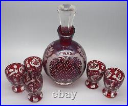 Vintage Bohemian Cranberry Etched Glass Decanter with 5 Etched Cordial Glasses