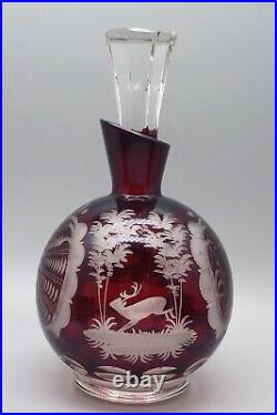 Vintage Bohemian Cranberry Etched Glass Decanter with 5 Etched Cordial Glasses