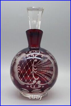 Vintage Bohemian Cranberry Etched Glass Decanter with 5 Etched Cordial Glasses