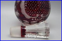 Vintage Bohemian Cranberry Etched Glass Decanter with 5 Etched Cordial Glasses