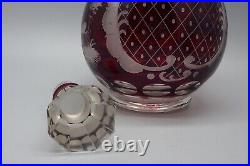 Vintage Bohemian Cranberry Etched Glass Decanter with 5 Etched Cordial Glasses