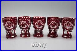 Vintage Bohemian Cranberry Etched Glass Decanter with 5 Etched Cordial Glasses