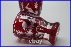 Vintage Bohemian Cranberry Etched Glass Decanter with 5 Etched Cordial Glasses