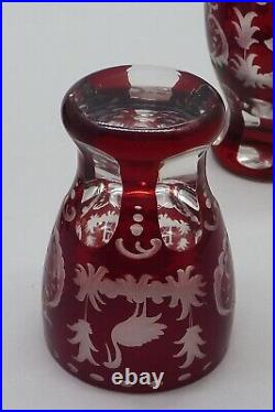 Vintage Bohemian Cranberry Etched Glass Decanter with 5 Etched Cordial Glasses