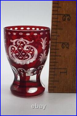 Vintage Bohemian Cranberry Etched Glass Decanter with 5 Etched Cordial Glasses