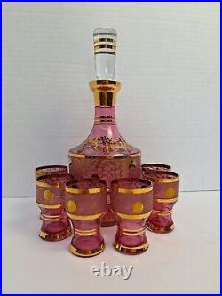 Vintage Bohemian Cranberry Glass Decanter With 6 Shot Glasses