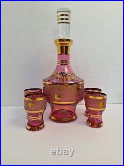 Vintage Bohemian Cranberry Glass Decanter With 6 Shot Glasses