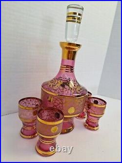 Vintage Bohemian Cranberry Glass Decanter With 6 Shot Glasses