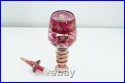 Vintage Bohemian Cranberry Glass & Gold Hand Painted Floral Decanter, 12.5
