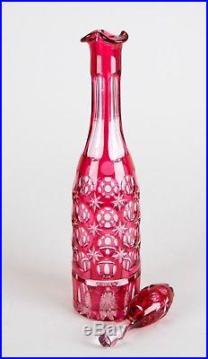 Vintage Bohemian Cranberry Red Cut to Clear Decanter & Stopper Tall 16.5