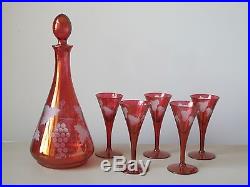 Vintage Bohemian Cranberry Red Glass Decanter with Set of (5) Wine Glasses