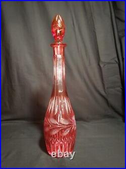 Vintage Bohemian Cranberry to Clear Cut Glass Decanter with Stopper