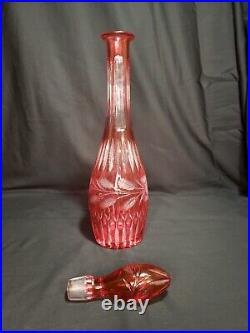 Vintage Bohemian Cranberry to Clear Cut Glass Decanter with Stopper