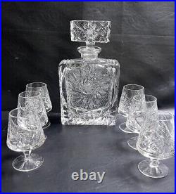 Vintage Bohemian Crystal Decanter With Cognac Glasses Pinwheel Design