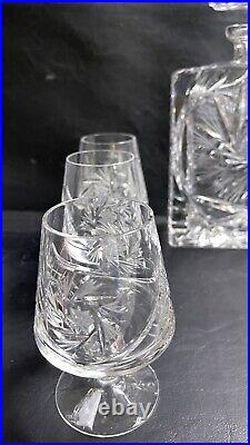 Vintage Bohemian Crystal Decanter With Cognac Glasses Pinwheel Design