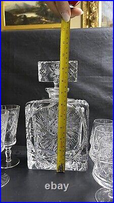 Vintage Bohemian Crystal Decanter With Cognac Glasses Pinwheel Design