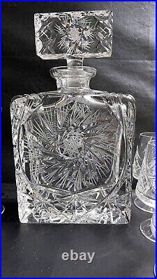 Vintage Bohemian Crystal Decanter With Cognac Glasses Pinwheel Design