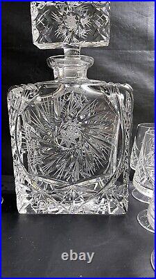 Vintage Bohemian Crystal Decanter With Cognac Glasses Pinwheel Design