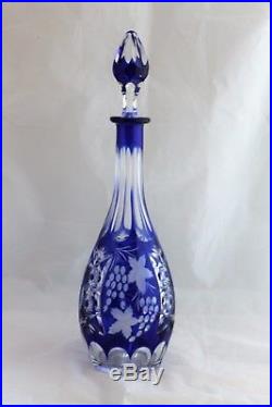 Vintage Bohemian Cut glass crystal cobalt blue large DECANTER grapes & Vine